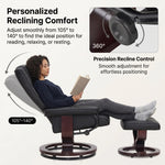 Diagram showing the recliner adjusting from 105 to 140 degrees with a 360-degree swivel base