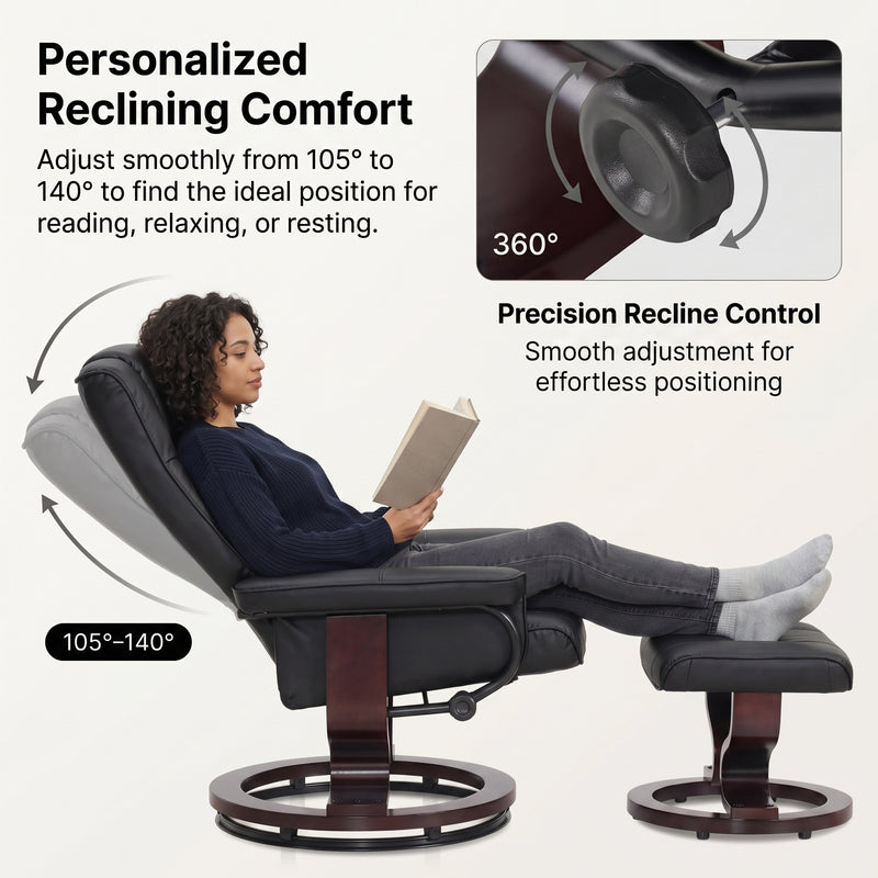 Diagram showing the recliner adjusting from 105 to 140 degrees with a 360-degree swivel base