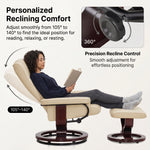 Diagram showing the recliner adjusting from 105 to 140 degrees with a 360-degree swivel base