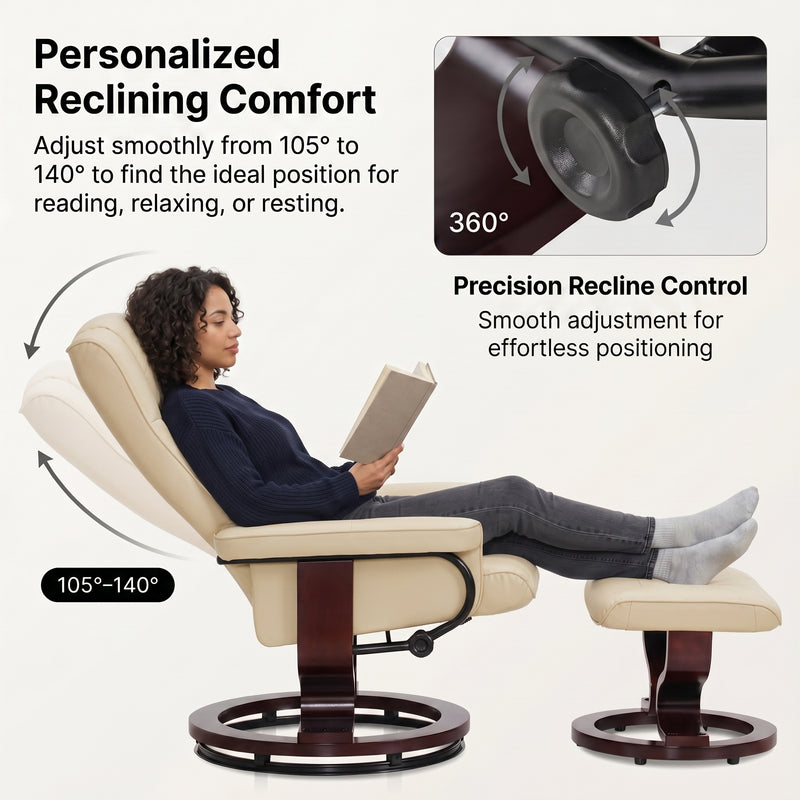 Diagram showing the recliner adjusting from 105 to 140 degrees with a 360-degree swivel base