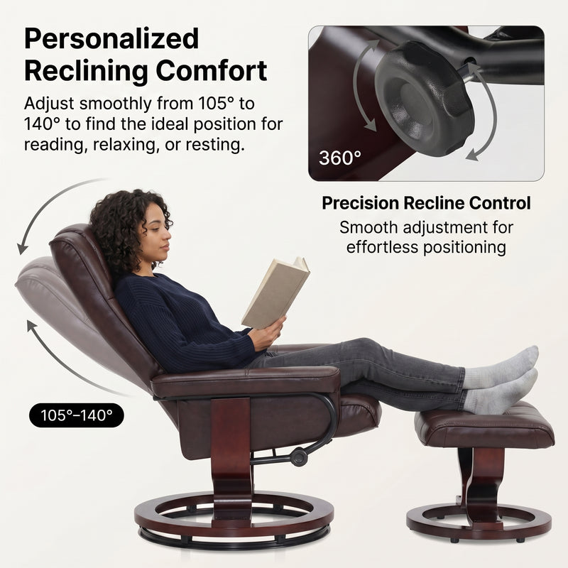 Diagram showing the recliner adjusting from 105 to 140 degrees with a 360-degree swivel base