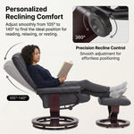 Diagram showing the recliner adjusting from 105 to 140 degrees with a 360-degree swivel base