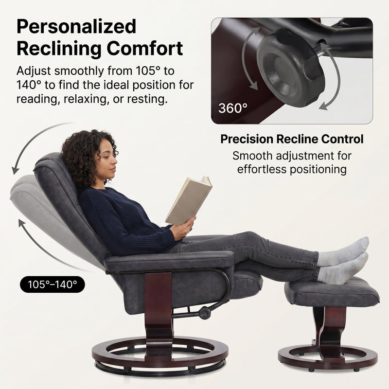 Diagram showing the recliner adjusting from 105 to 140 degrees with a 360-degree swivel base