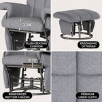 Diagram showing the recliner adjusting from 105 to 140 degrees with a 360-degree swivel base