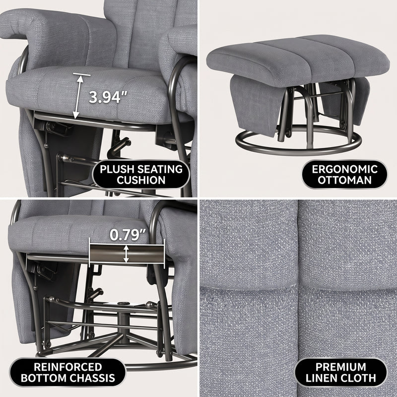 Diagram showing the recliner adjusting from 105 to 140 degrees with a 360-degree swivel base