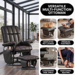 Close-up diagram highlighting the recliner's contoured ergonomic backrest and lumbar support
