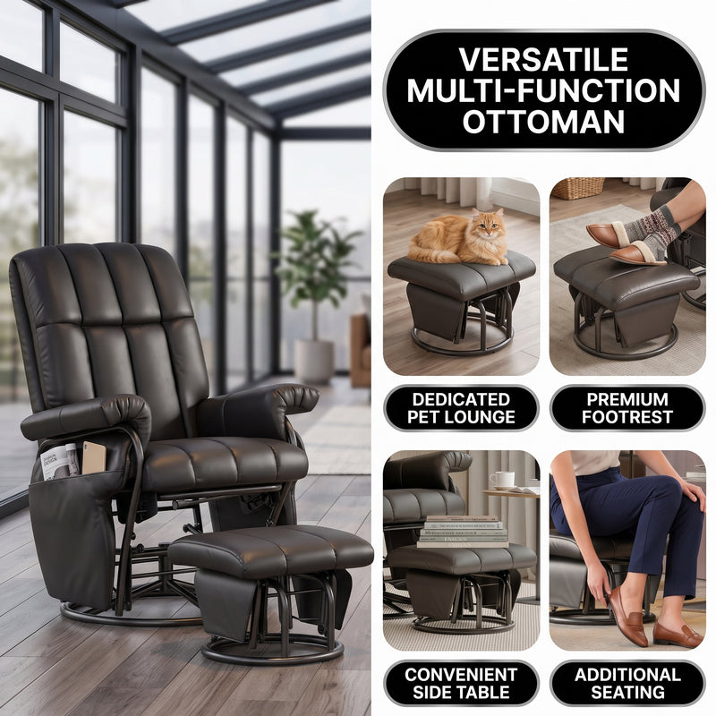 Close-up diagram highlighting the recliner's contoured ergonomic backrest and lumbar support