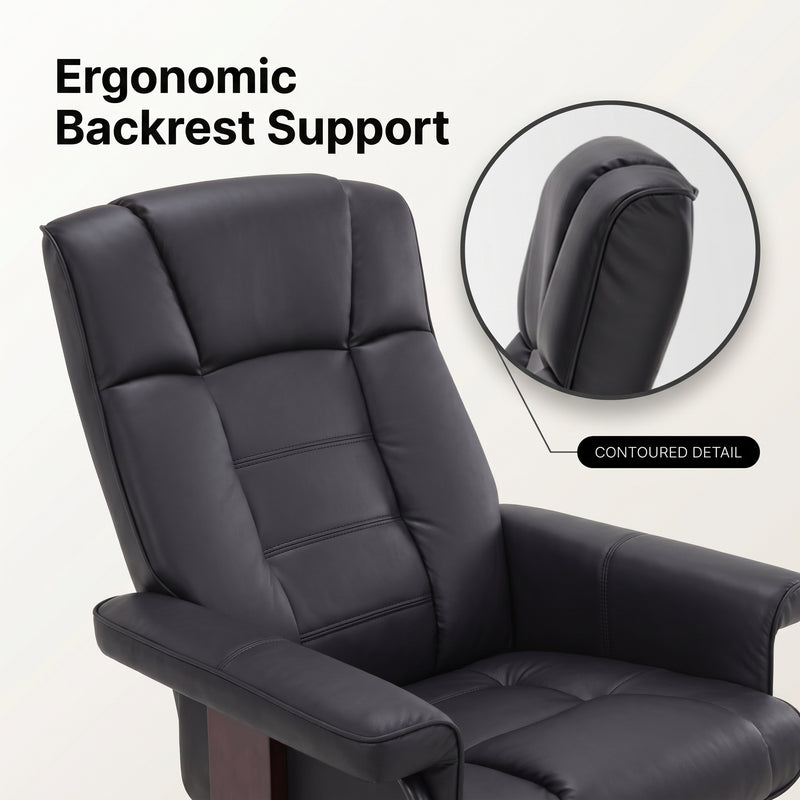 Close-up diagram highlighting the recliner's contoured ergonomic backrest and lumbar support