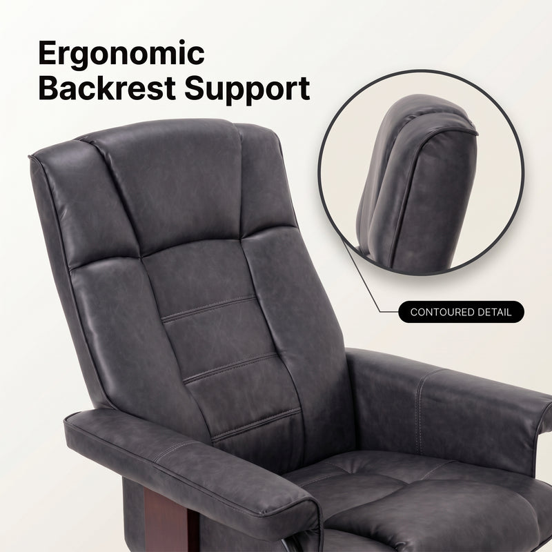 Close-up diagram highlighting the recliner's contoured ergonomic backrest and lumbar support