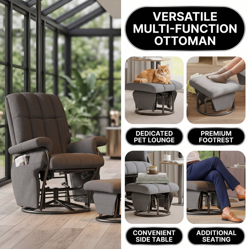 Close-up diagram highlighting the recliner's contoured ergonomic backrest and lumbar support
