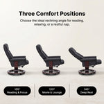 Diagram of three reclining positions - 105 degrees reading, 120 degrees lounging and 140 degrees resting