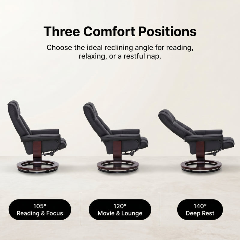 Diagram of three reclining positions - 105 degrees reading, 120 degrees lounging and 140 degrees resting