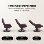 Diagram of three reclining positions - 105 degrees reading, 120 degrees lounging and 140 degrees resting