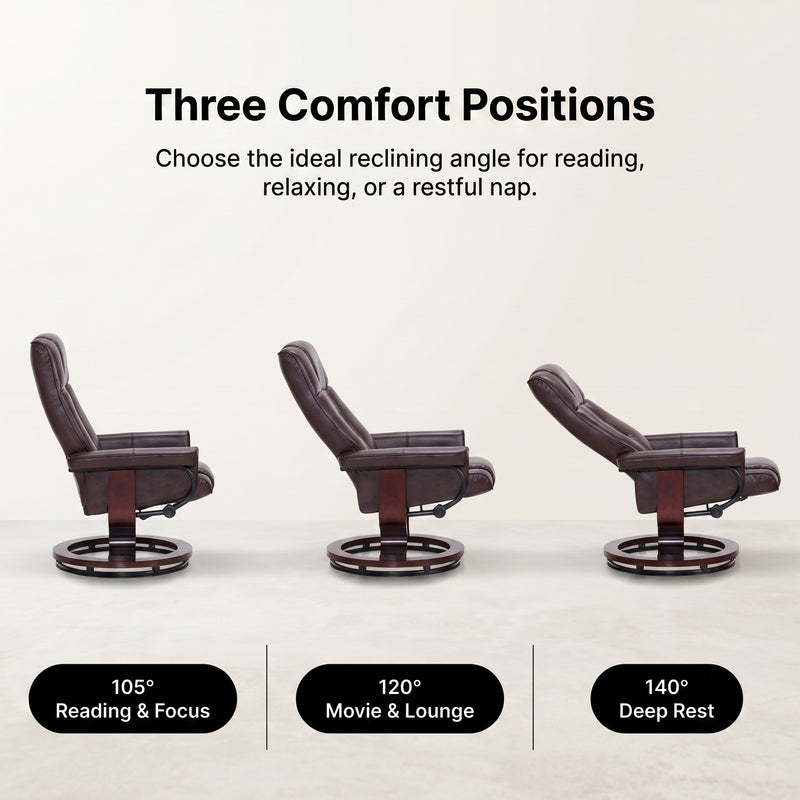 Diagram of three reclining positions - 105 degrees reading, 120 degrees lounging and 140 degrees resting