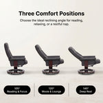 Diagram of three reclining positions - 105 degrees reading, 120 degrees lounging and 140 degrees resting