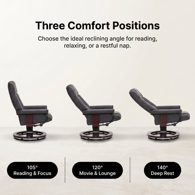 Diagram of three reclining positions - 105 degrees reading, 120 degrees lounging and 140 degrees resting
