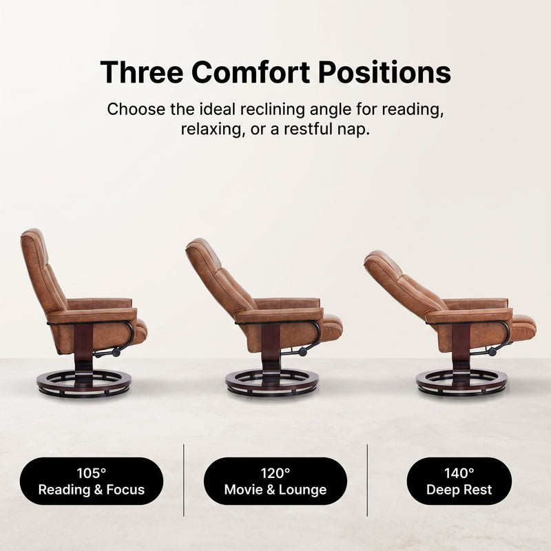 Diagram of three reclining positions - 105 degrees reading, 120 degrees lounging and 140 degrees resting