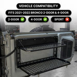 Compatibility chart showing the table fits Ford Bronco 2-door and 4-door but not Bronco Sport