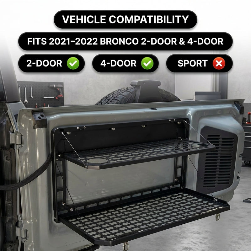 Compatibility chart showing the table fits Ford Bronco 2-door and 4-door but not Bronco Sport