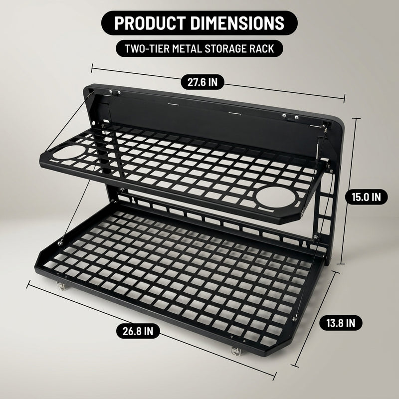 Dimension diagram of the Ford Bronco 2021-2025 tailgate table: 27.6 in top, 15 in height, 26.8 in bottom, 13.8 in depth