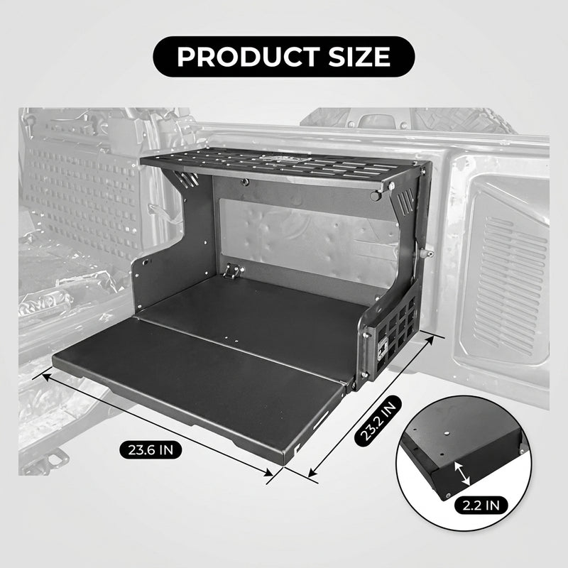 Dimension diagram of the Ford Bronco 2021-2025 tailgate table: 27.6 in top, 15 in height, 26.8 in bottom, 13.8 in depth