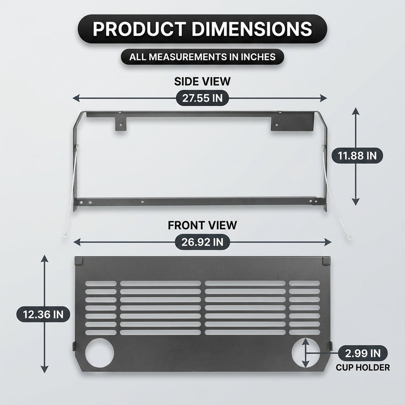 Dimension diagram of the Ford Bronco 2021-2025 tailgate table: 27.6 in top, 15 in height, 26.8 in bottom, 13.8 in depth