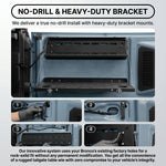 Feature diagram of the tailgate table: wire-rope accessories, fold-and-drop mechanism, and aluminum alloy build