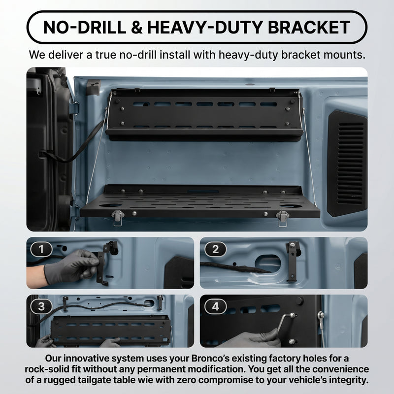Feature diagram of the tailgate table: wire-rope accessories, fold-and-drop mechanism, and aluminum alloy build