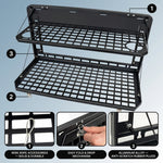 Feature diagram of the tailgate table: wire-rope accessories, fold-and-drop mechanism, and aluminum alloy build