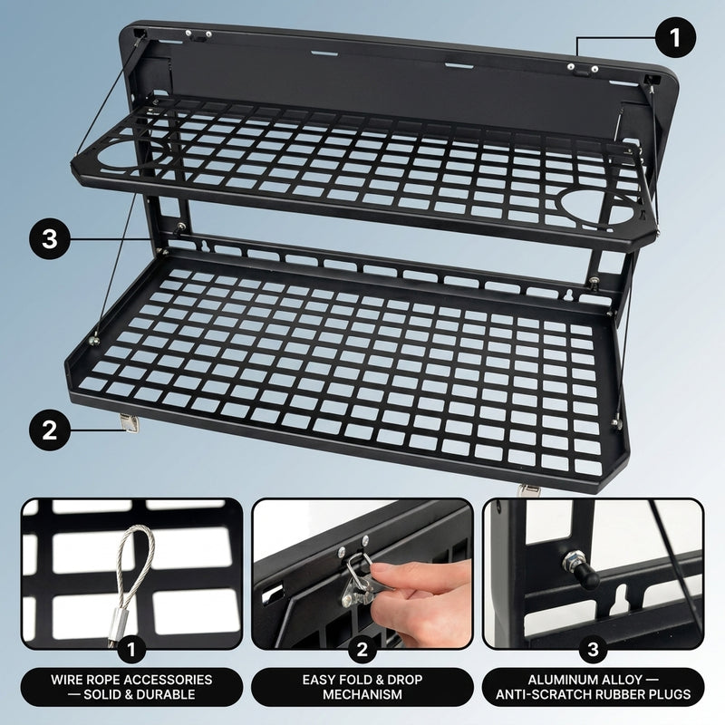 Feature diagram of the tailgate table: wire-rope accessories, fold-and-drop mechanism, and aluminum alloy build