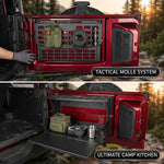 Feature diagram of the tailgate table: wire-rope accessories, fold-and-drop mechanism, and aluminum alloy build