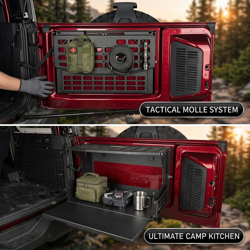 Feature diagram of the tailgate table: wire-rope accessories, fold-and-drop mechanism, and aluminum alloy build