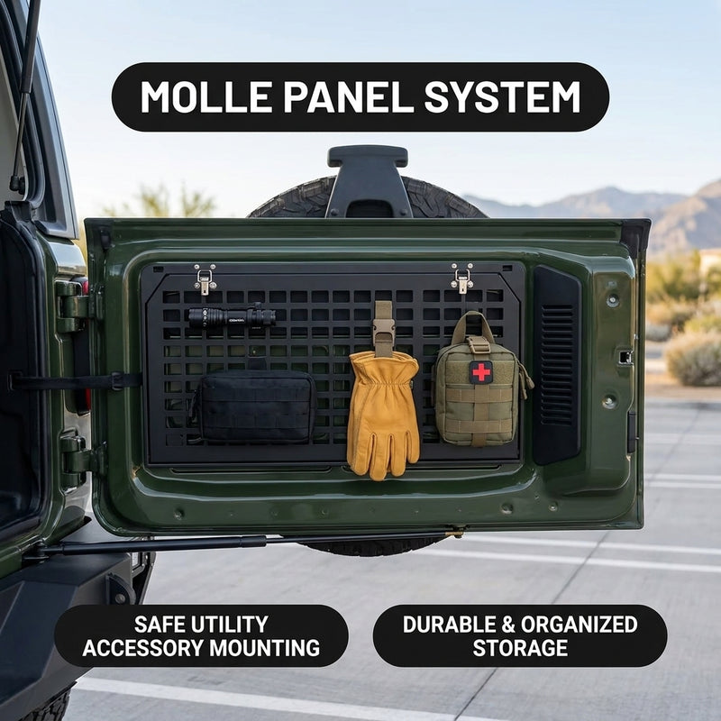 MOLLE panel on the tailgate table shown holding gloves for accessory mounting