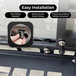 Installation diagram showing the no-drill screw-mount setup on the vehicle rear door