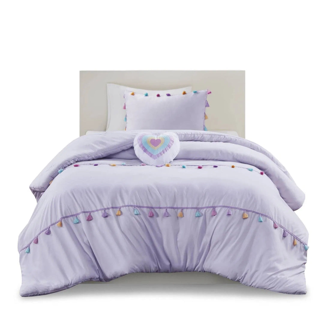 Intelligent Design Kids Tanya Tassel Comforter Set – Lavender, 4-Piece Bedding with Heart Shaped Throw Pillow