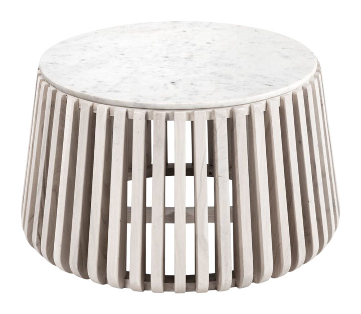 Cyprus Coffee Table White & Whitewashed – Round Marble Top Coastal Coffee Table | Modern Beach Style Furniture | Trufairs