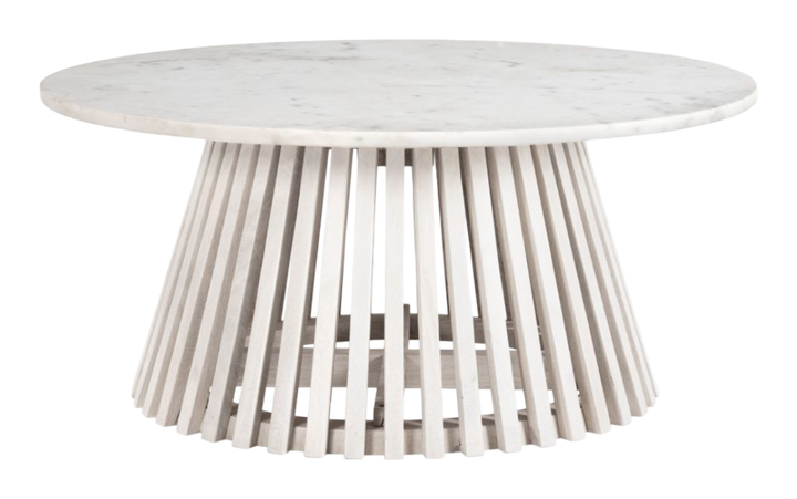 Mazara Coffee Table White & Whitewashed – Round Marble Coastal Coffee Table | Modern Beach Style Furniture | Trufairs