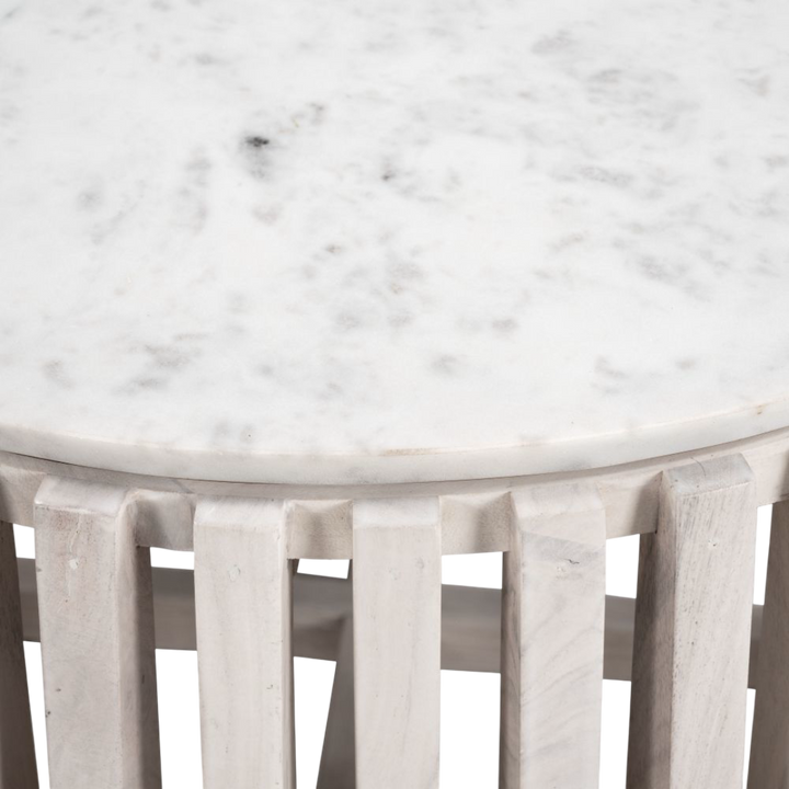 Cyprus Coffee Table White & Whitewashed – Round Marble Top Coastal Coffee Table | Modern Beach Style Furniture | Trufairs