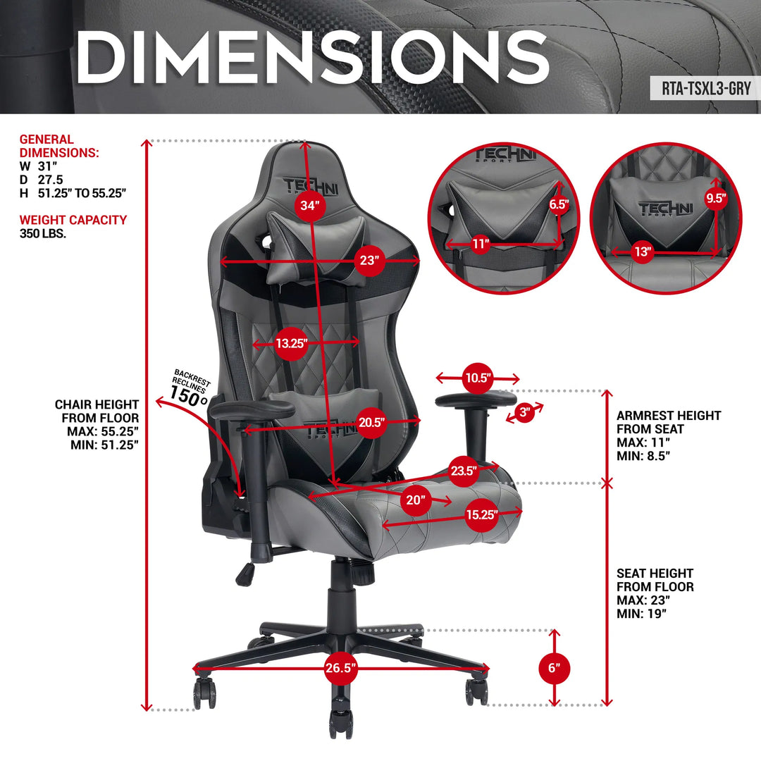 Techni Sport XL Ergonomic Gaming Chair – Heavy-Duty Memory Foam GamerXL Series in Gray with Adjustable 2D Arms & Lumbar Support