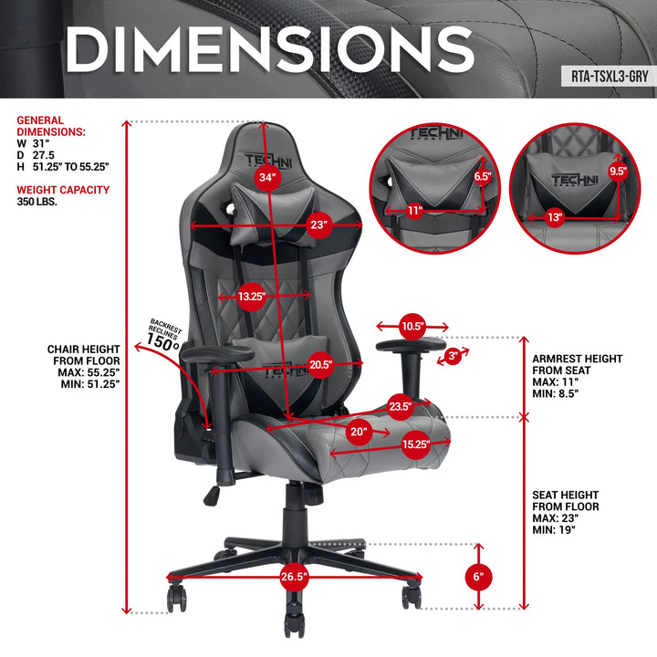 Techni Sport XL Ergonomic Gaming Chair – Heavy-Duty Memory Foam GamerXL Series in Gray with Adjustable 2D Arms & Lumbar Support