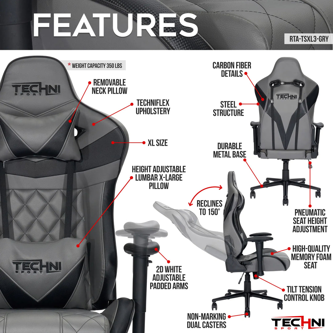 Techni Sport XL Ergonomic Gaming Chair – Heavy-Duty Memory Foam GamerXL Series in Gray with Adjustable 2D Arms & Lumbar Support