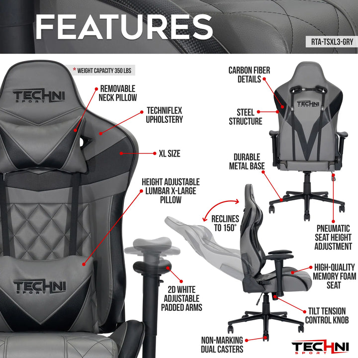 Techni Sport XL Ergonomic Gaming Chair – Heavy-Duty Memory Foam GamerXL Series in Gray with Adjustable 2D Arms & Lumbar Support