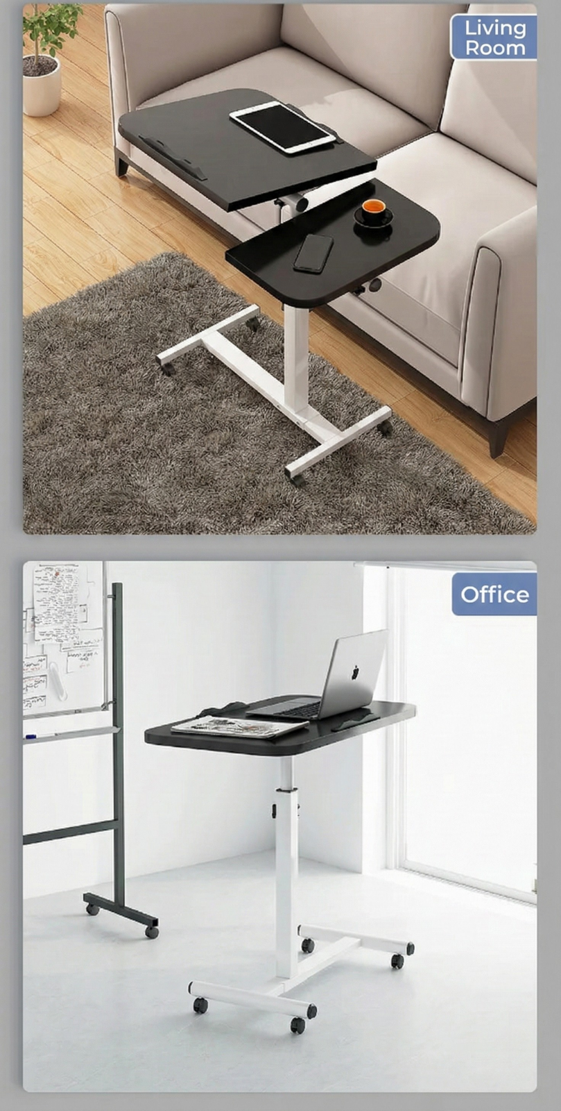 Tilting Overbed Table with Wheels – Height Adjustable Mobile Desk for Bed & Sofa, 2 Tilting Desktops | Bedside Laptop Table | Trufairs