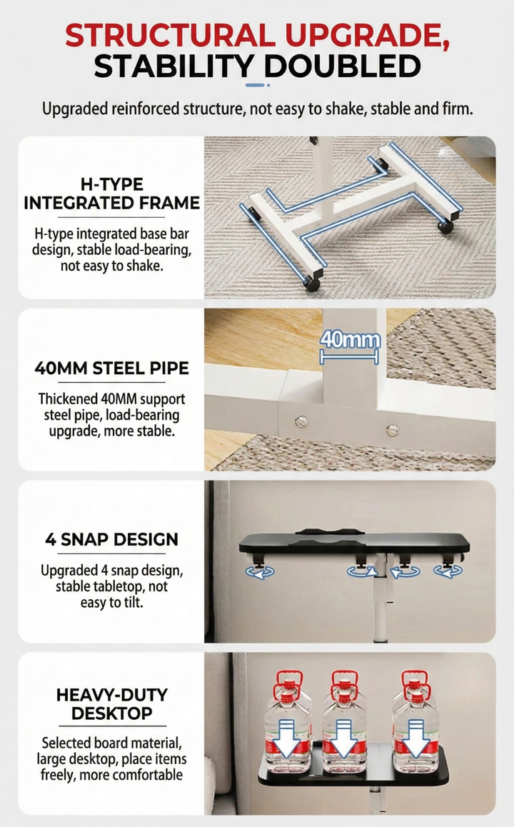 Tilting Overbed Table with Wheels – Height Adjustable Mobile Desk for Bed & Sofa, 2 Tilting Desktops | Bedside Laptop Table | Trufairs