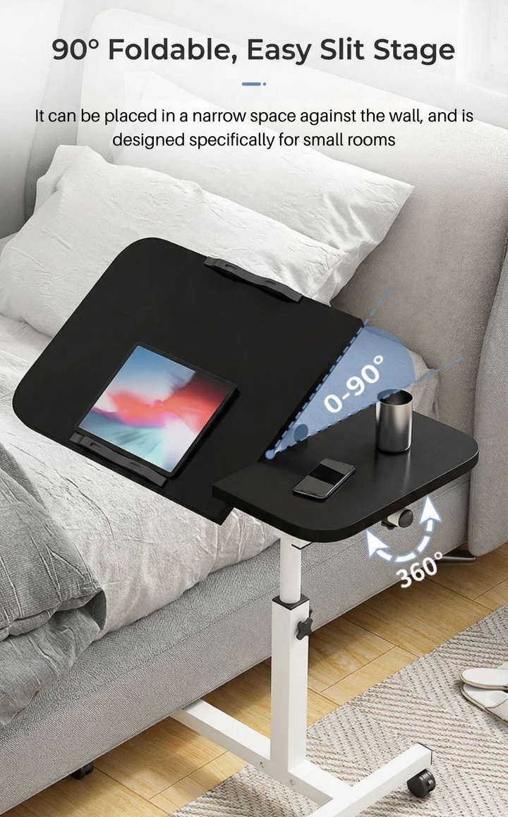 Tilting Overbed Table with Wheels – Height Adjustable Mobile Desk for Bed & Sofa, 2 Tilting Desktops | Bedside Laptop Table | Trufairs