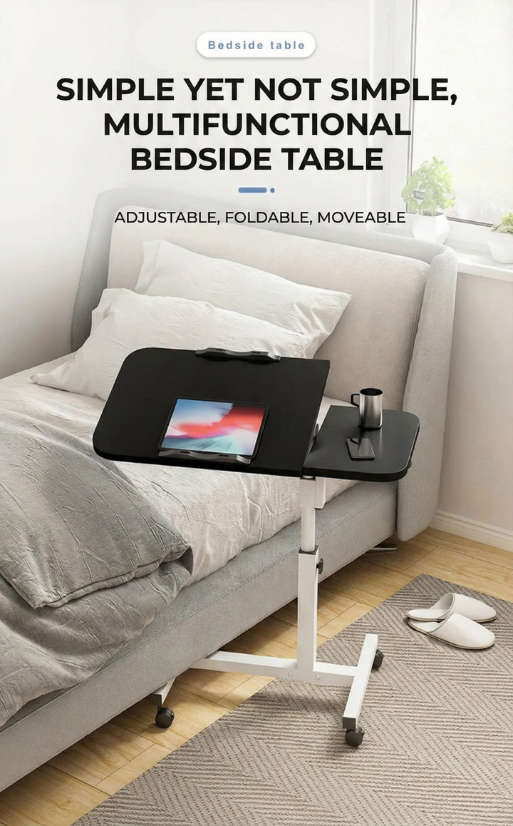 Tilting Overbed Table with Wheels – Height Adjustable Mobile Desk for Bed & Sofa, 2 Tilting Desktops | Bedside Laptop Table | Trufairs