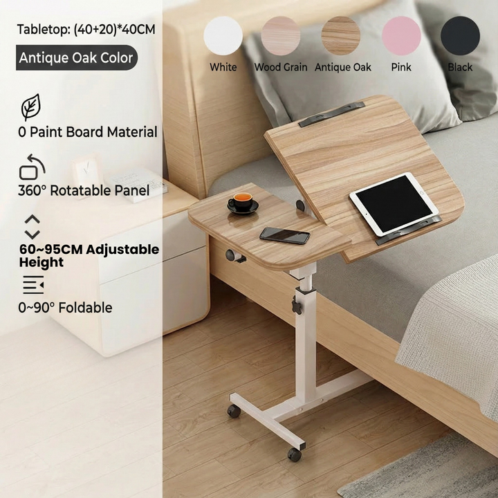 Tilting Overbed Table with Wheels – Height Adjustable Mobile Desk for Bed & Sofa, 2 Tilting Desktops | Bedside Laptop Table | Trufairs
