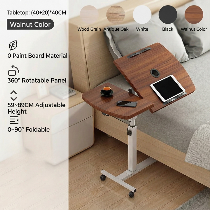 Tilting Overbed Table with Wheels – Height Adjustable Mobile Desk for Bed & Sofa, 2 Tilting Desktops | Bedside Laptop Table | Trufairs