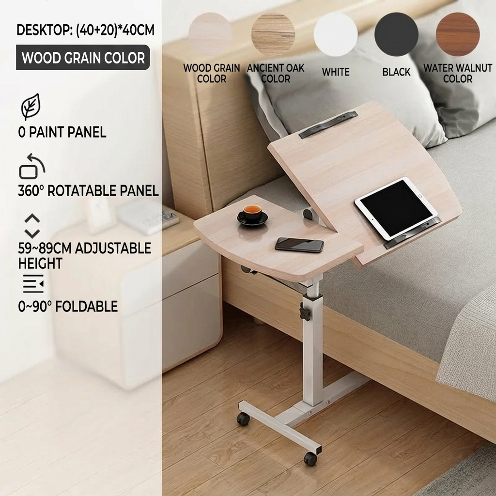 Tilting Overbed Table with Wheels – Height Adjustable Mobile Desk for Bed & Sofa, 2 Tilting Desktops | Bedside Laptop Table | Trufairs