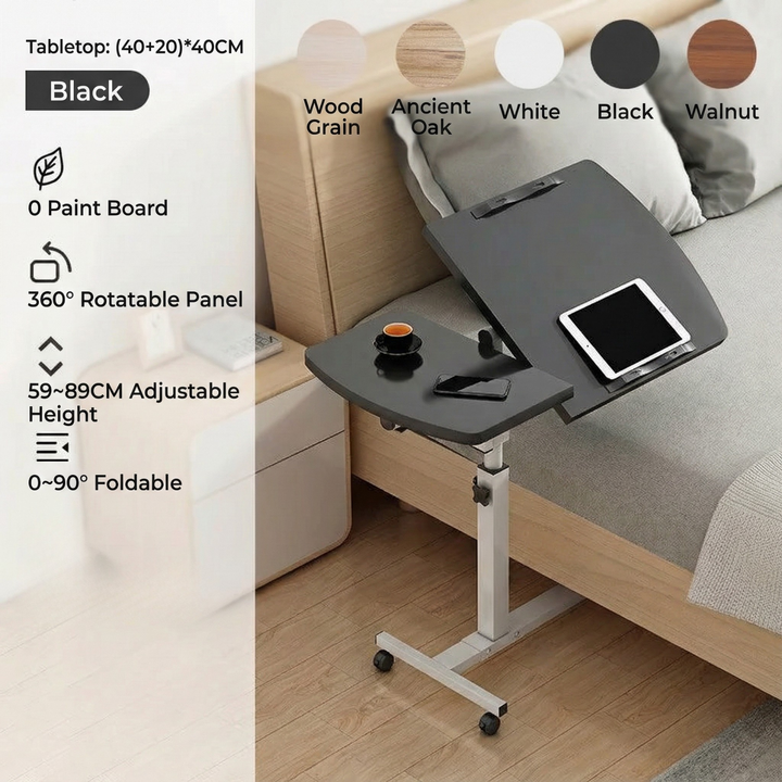 Tilting Overbed Table with Wheels – Height Adjustable Mobile Desk for Bed & Sofa, 2 Tilting Desktops | Bedside Laptop Table | Trufairs
